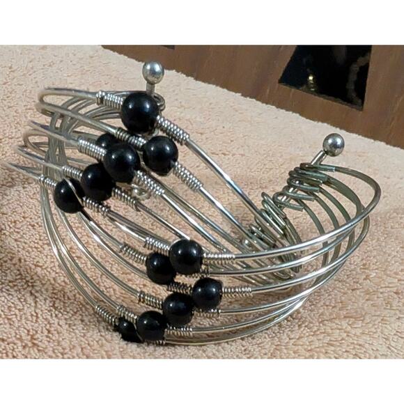 BUNDLE ONLY New Silvertone Black Beaded 2.5" Cuff Bracelet Jewelry - Picture 1 of 3